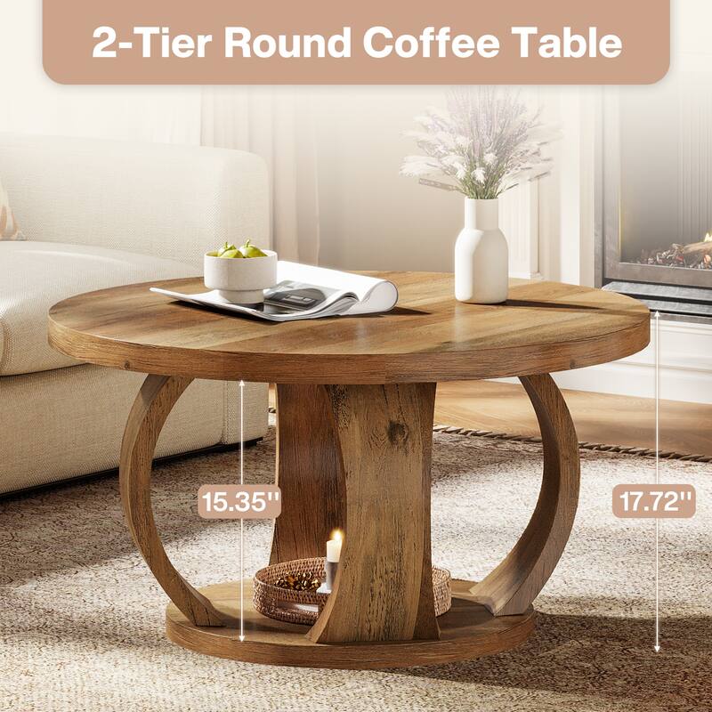 Round Coffee Table, 2-Tier Coffee Table with Storage, Wooden Center Table for Living Room, Apartment, Small Space