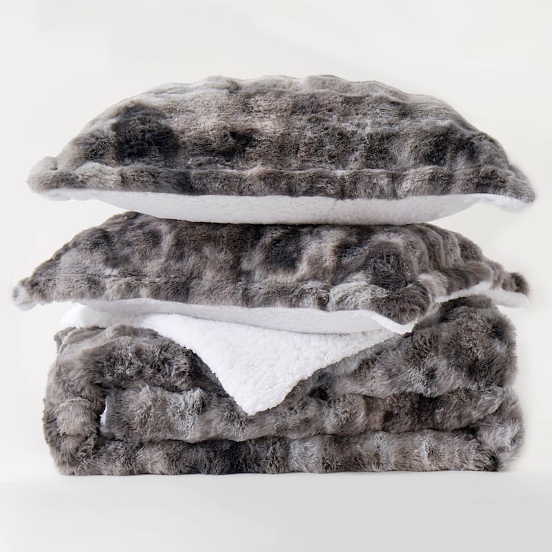 3 Pieces Fluffy Faux Rabbit Fur Comforter Set, Plush Fuzzy Bedding Set for Winter