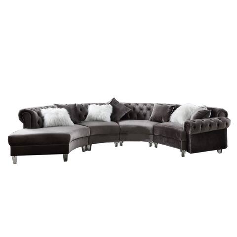 Velvet Upholstered Sectional Sofa with 7 Pillows in Gray