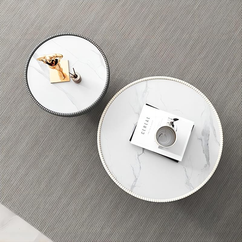 Modern Drum Coffee Table, Sintered Stone Coffee Table with PU Leather and Aluminum Alloy Base