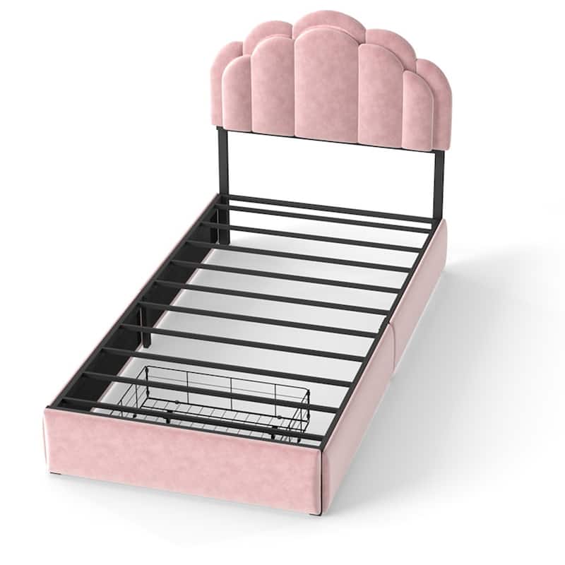 Velvet Upholstered Platform Bed with RGB LED Petal Headboard, Under Bed Storage Drawers Princess Bed Frame