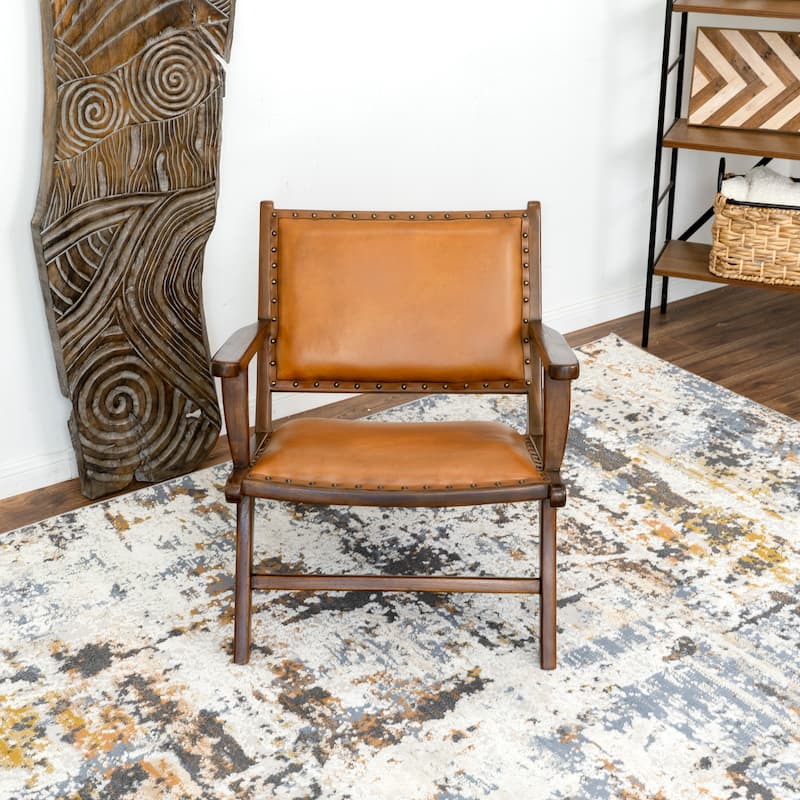Marino Mid Century Modern Furniture Style Wide Top Leather Antique Tan Accent Armchair