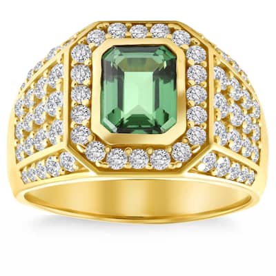 4 1/2Ct Emerald & Diamond Men's Ring Yellow Gold Lab Grown