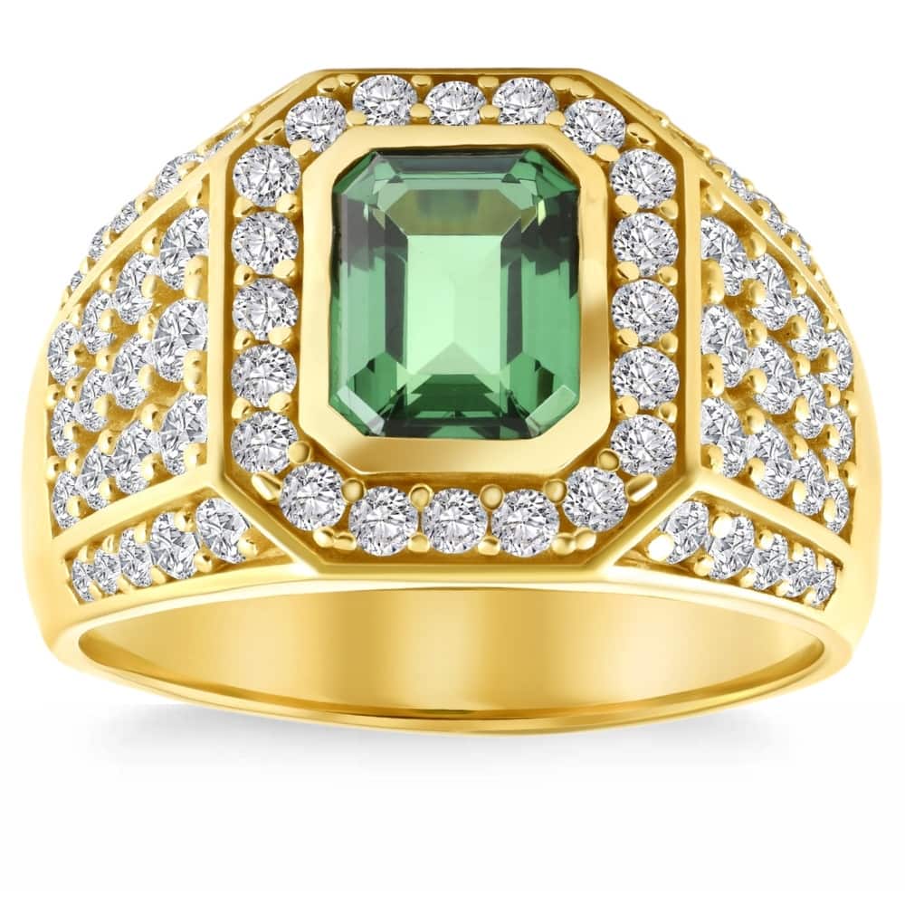 4 1/2Ct Emerald & Diamond Men's Ring Yellow Gold Lab Grown