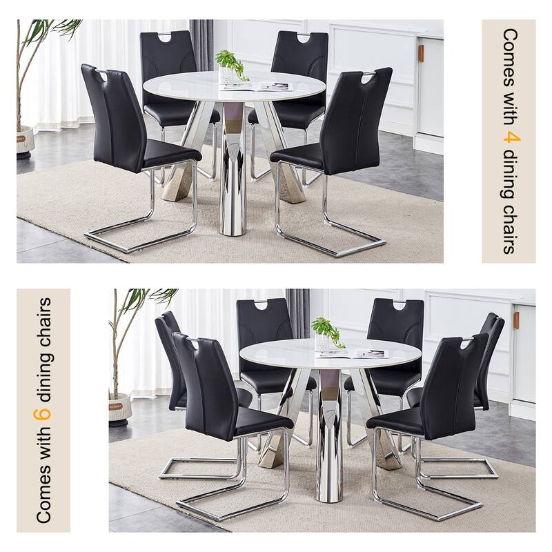 42" Sintered Stone Dining Set Brushed Silver Steel Base 4 PU Upholstered Chairs Modern Luxury Round Table Collection