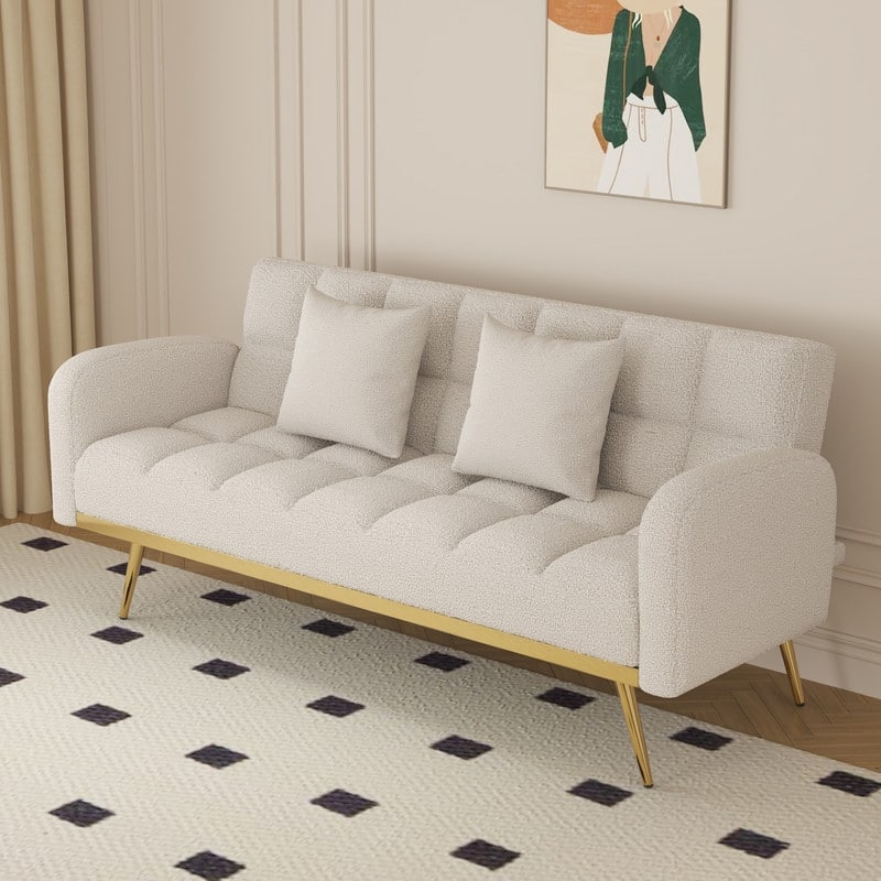 68.5-inch teddy velvet sofa bed with throw pillows