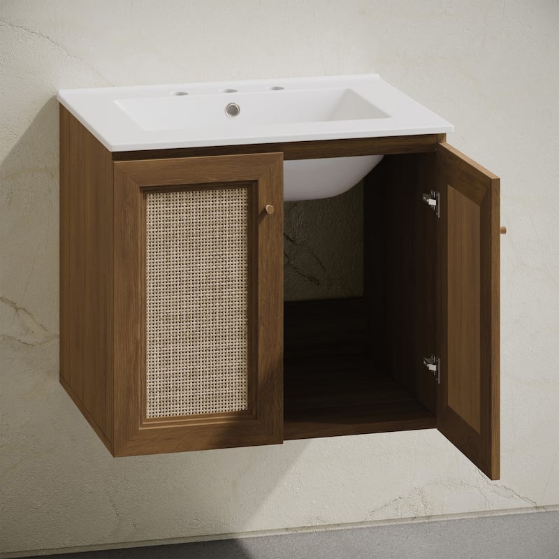 Classe 24" Wall-Mounted Bathroom Vanity In Brown Oak With Widespread Faucet Holes Vanity Top - 24