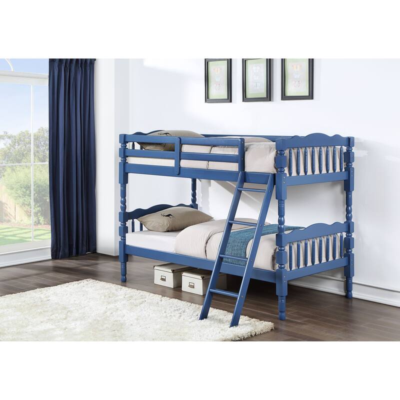 Twin over Twin Solid Wood Bunk Bed with Ladder and Fence for Kids - Dark Blue