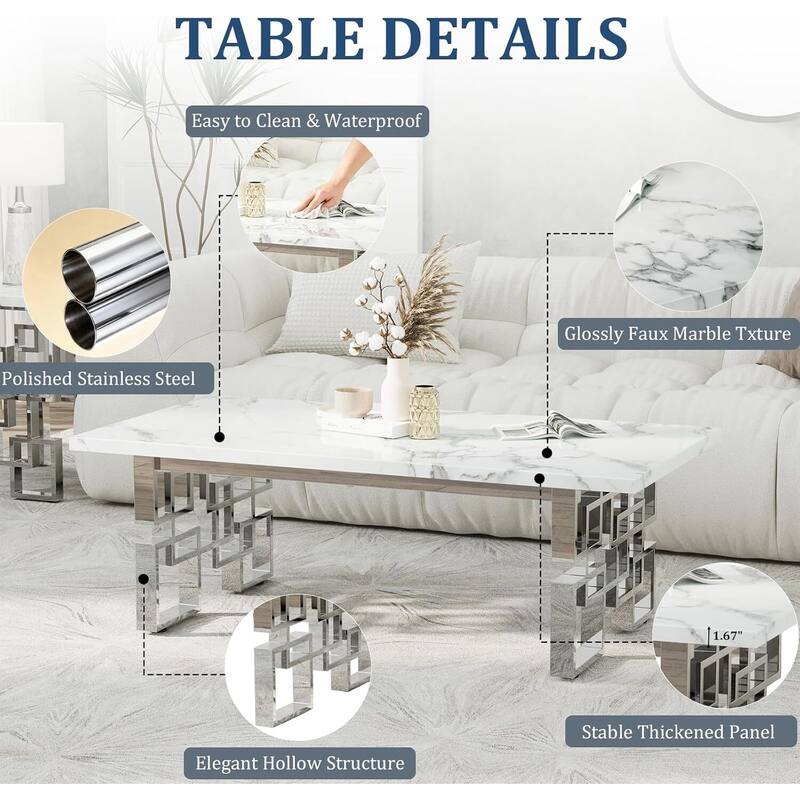 Faux Marble Coffee Table with Metal Legs for Living Room Office