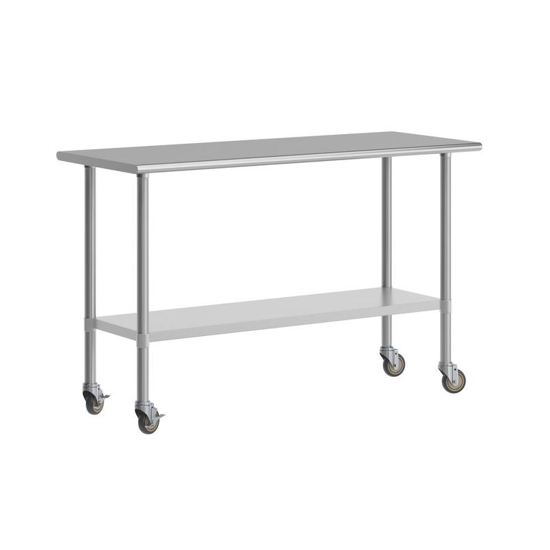 Commercial Stainless Steel 18 Gauge Worktable with Undershelf and Casters - 60"x 24"