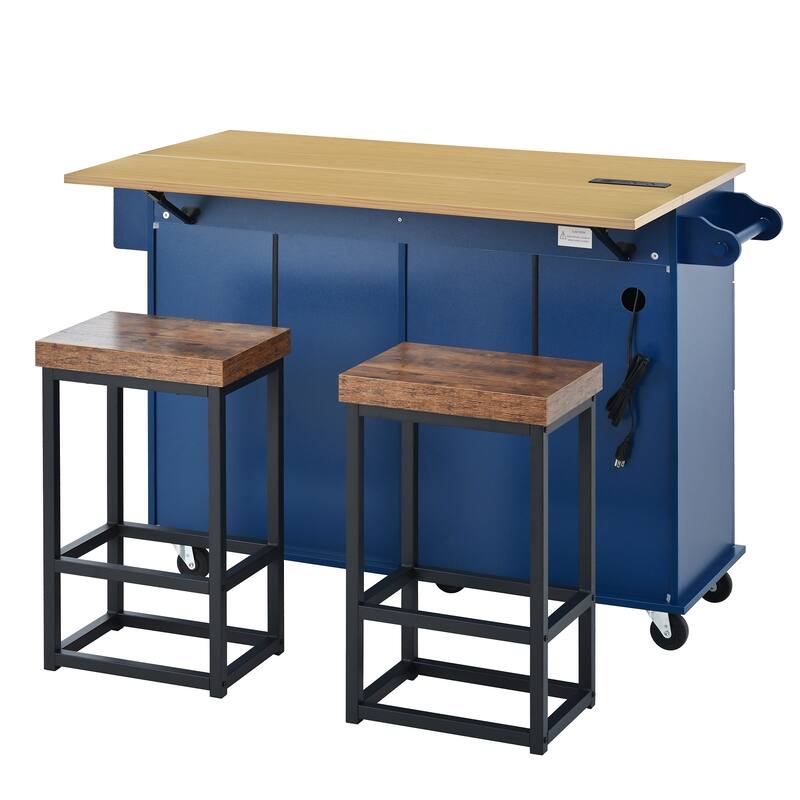 Farmhouse Kitchen Island on Wheels with Drop Leaf, 2 Seating & Power Outlet