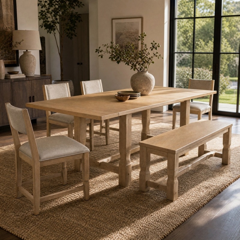 Rubberwood 6-Piece Extendable Dining Set with Removable Leaves and Bench for Kitchen Dining Room