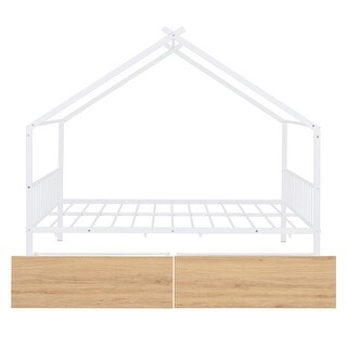 Full Size Metal House Bed with Two Drawers & Slats, Kids Bed Frame with Headboard and Footboard, for Kids, Girls, Boys, White