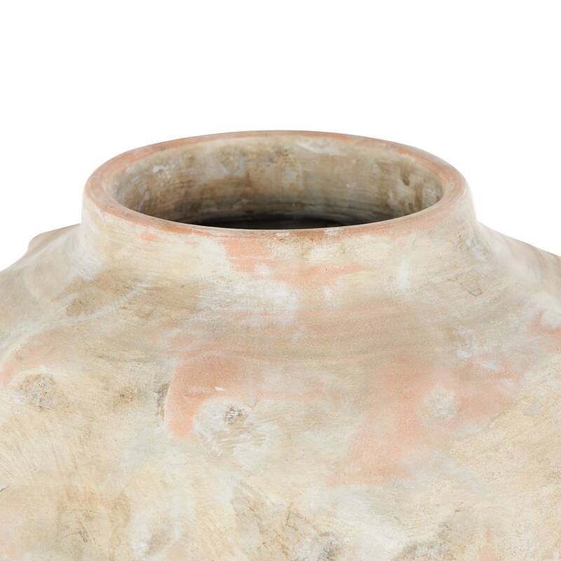 Beige Ceramic Antique Short Wide Decorative Vase with Shades of Pink