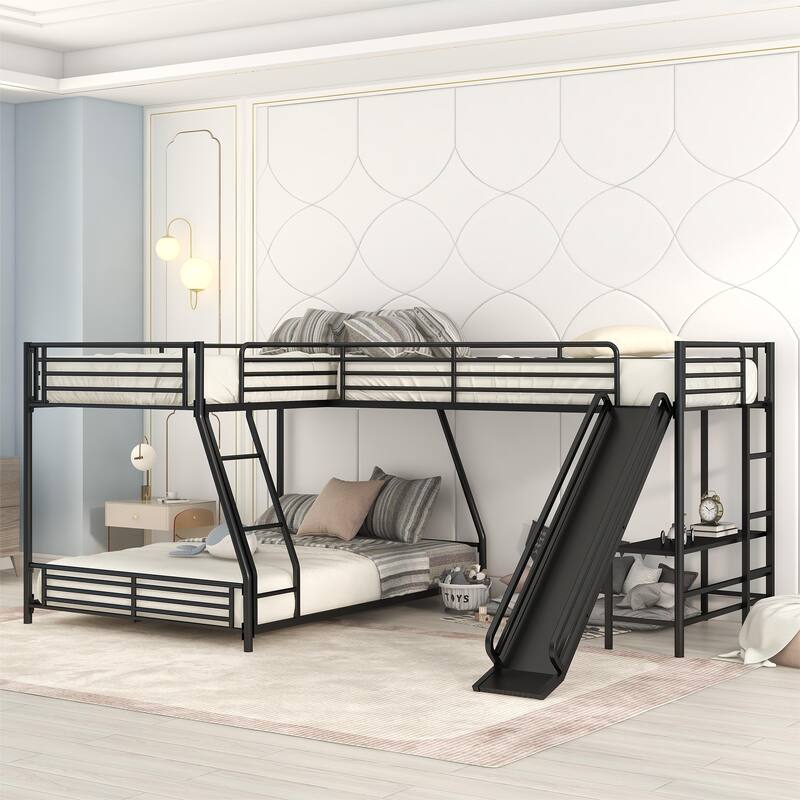 L-Shaped Twin over Full Bunk Bed with Twin Size Loft Bed, Built-in Desk and Slide, Bunk Metal Bed Frame, No Box Spring Needed - Black