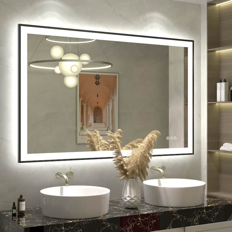 Front & Back LED Anti-Fog Tempered Glass Framed Bathroom/Vanity Mirror 3-Year Warranty - 48" x 30"-Square Corner - Black
