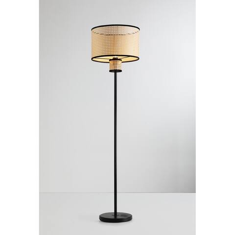 VidaLite Modern Bohemian Floor Lamp, 2 Tier PVC Rattan Shade with Velvet Rim