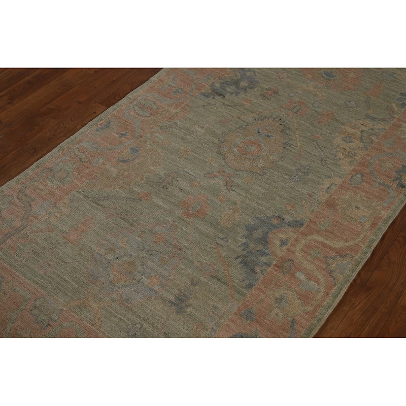Vegetable Dye Green Oushak Turkish Runner Rug Handmade Wool Carpet - 3'2" x 12'0"