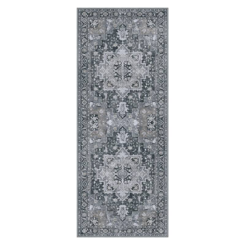 Mcow Grey Floral Low Pile Machine Washable Non-Slip Area Rug