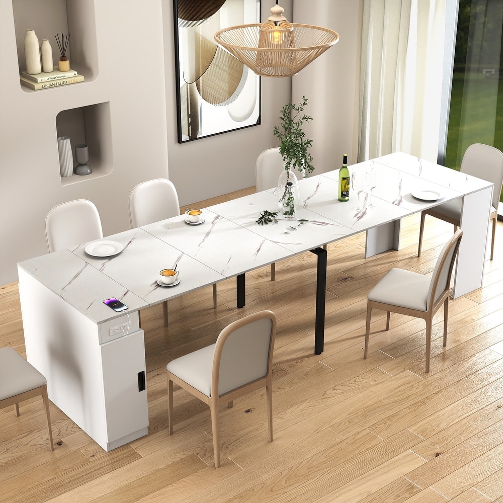 Modern Extendable Dining Table with Outlet & Storage, Space-Saving Expanding Table for Party & Meetings