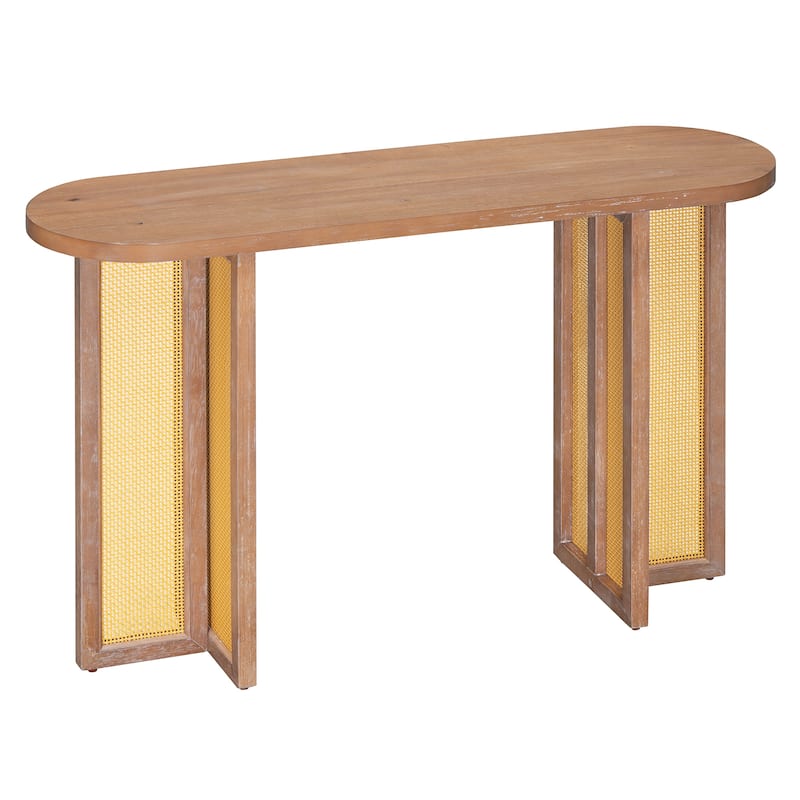 Boho Rattan Console Table, 47.8" Entryway Sofa Table with Oval Top, Narrow Hallway Table for Living Room, Entrance