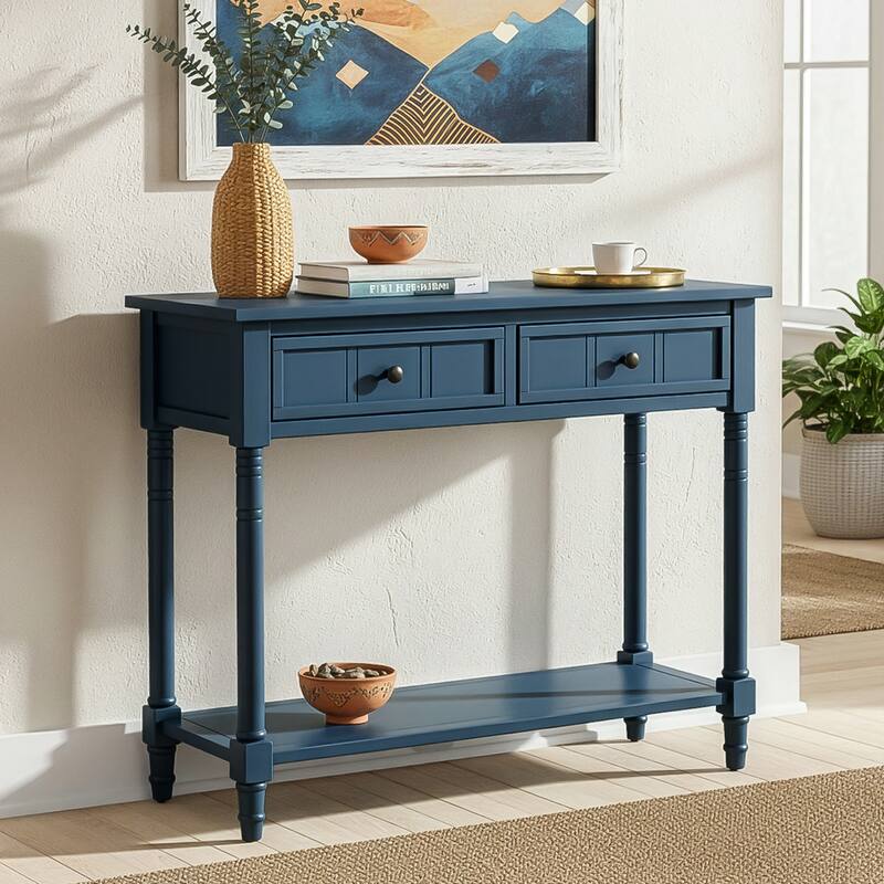 Console Table Traditional Design with Two Drawers and Bottom Shelf - Dark Navy