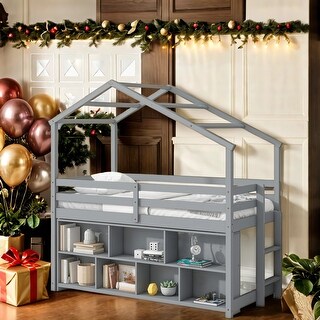 Twin Size Wooden House Loft Bed With Roof Frame, Under Bed Shelving Storage Unit, Guardrails, Ladder