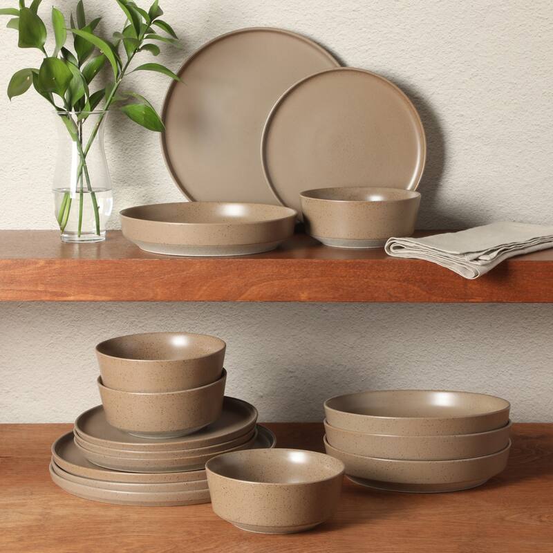 Gibson Elite Overbrook 16-Piece Pottery Clay Stoneware Stackable Dinnerware Set - Plates & Bowls, Reactive Glaze, Service for 4