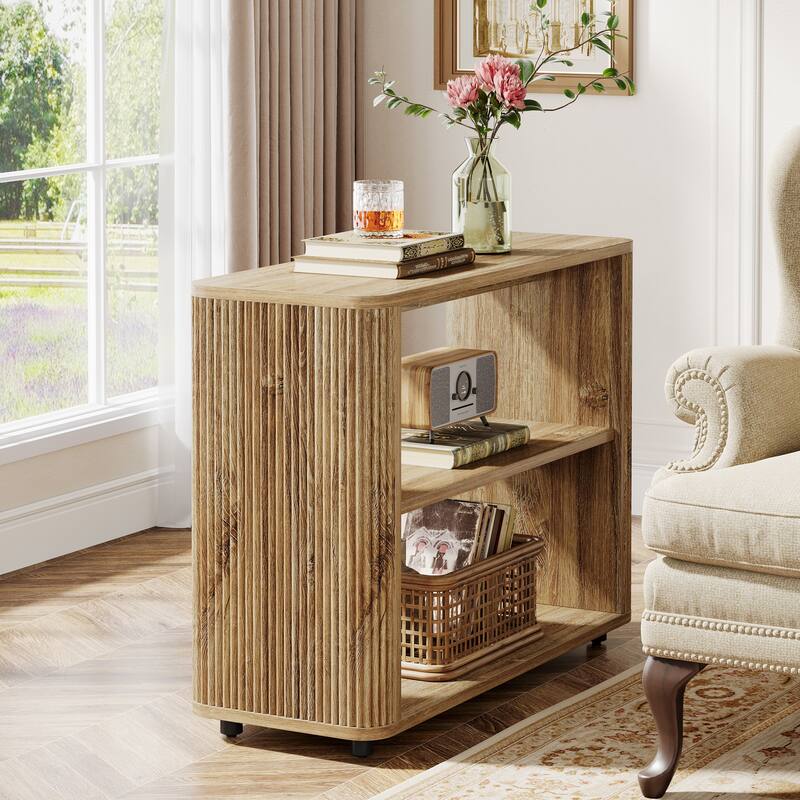3-Tier Narrow End Table,Small Fluted Modern Side Table Nightstand - 1Pack-Natural