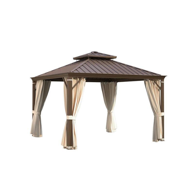 EROMMY Hardtop Patio Gazebo with Double Roof and Privacy Curtains, 12x16 FT Permanent Outdoor Metal Gazebo for Backyard, Deck