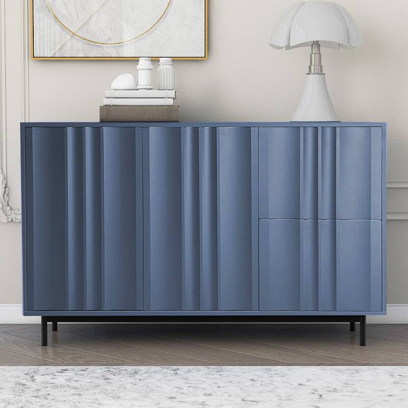 Wave Pattern Storage Cabinet Kitchen Buffet Server Cupboard Adjustable Sideboard with 2 Doors and 2 Drawers for Living Room - Navy Blue