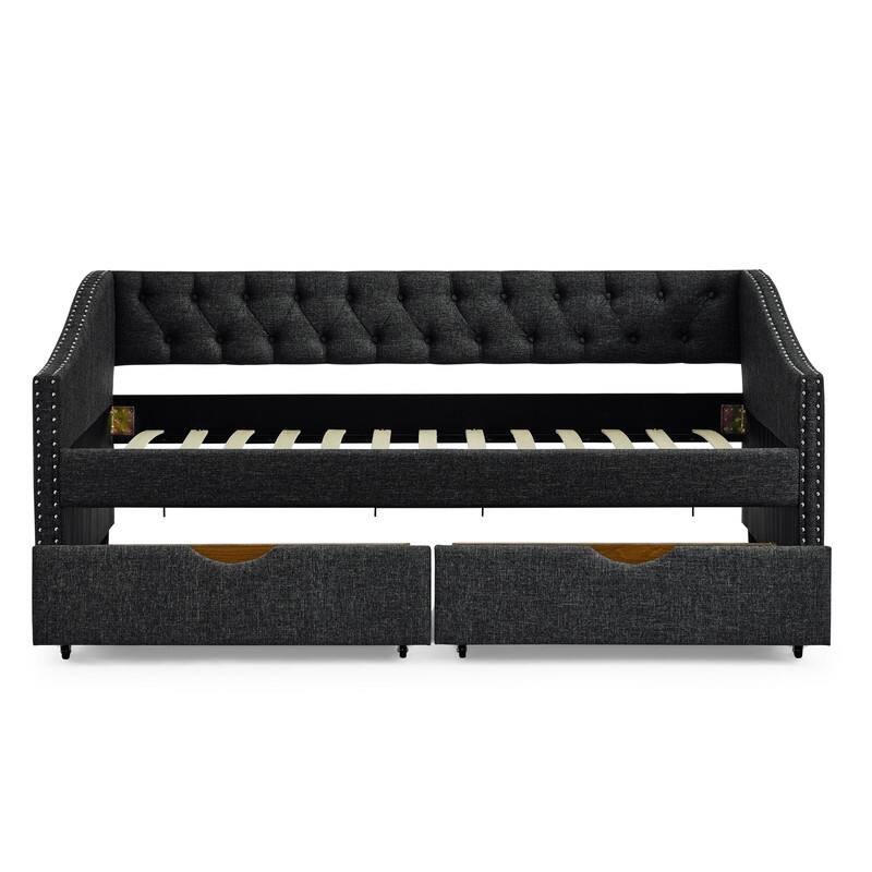 Twin Daybed with Drawers,Linen Upholstered Bed with Button on Back and Copper Nail