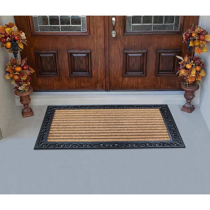 A1HC Rubber and Coir Striped Border Durable Double Door Doormat Black/Beige - 30"X48"