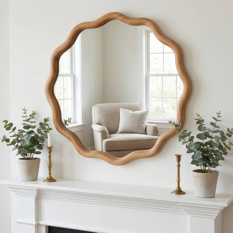 24 inch Wavy Round Solid Wood Frame Decorative Mirror