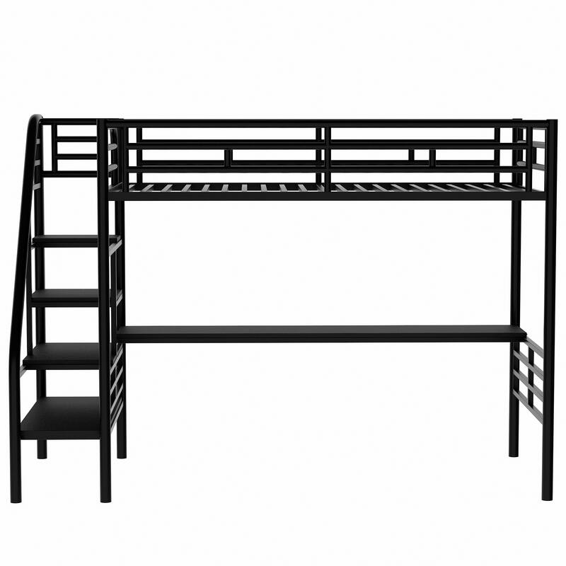 Twin Loft Bed Frame with Desk, Black Metal, No Box Spring Needed