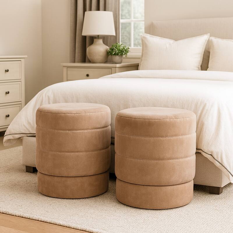 Round Upholstered Ottoman - Compact Pouf Footstool - 19", Brown - Brown - 19.0"