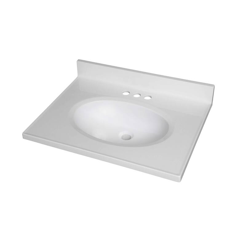 Fine Fixtures White Cultured Marble Top With Integrated Sink, 4" Backsplash and Overflow Included.