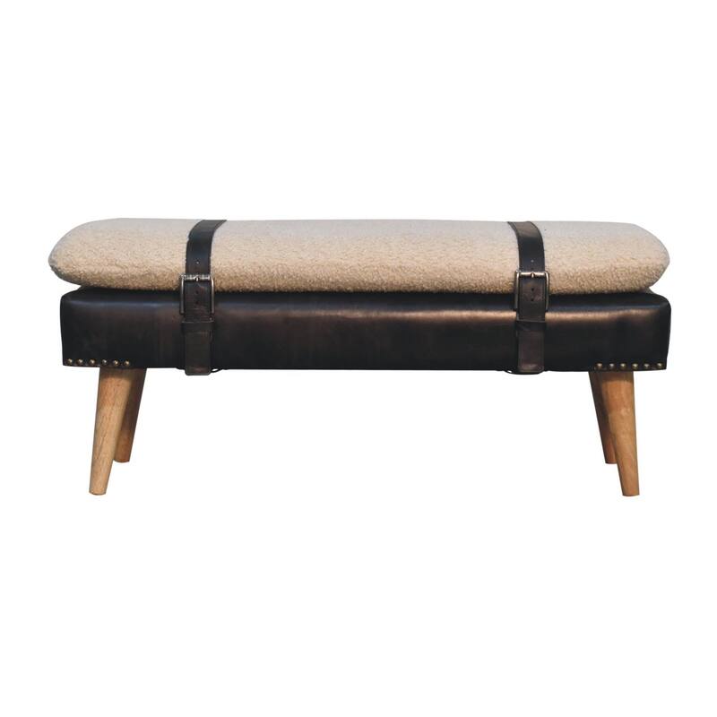 Artisan Furniture Solid Wood Bouclé Buffalo Hide Black Leather Bench