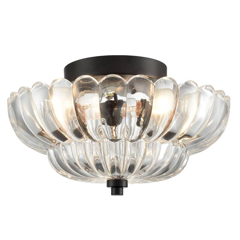 Roscana Modern Black Metal with Scalloped Glass Shade Semi Flush Mount 3-Lights