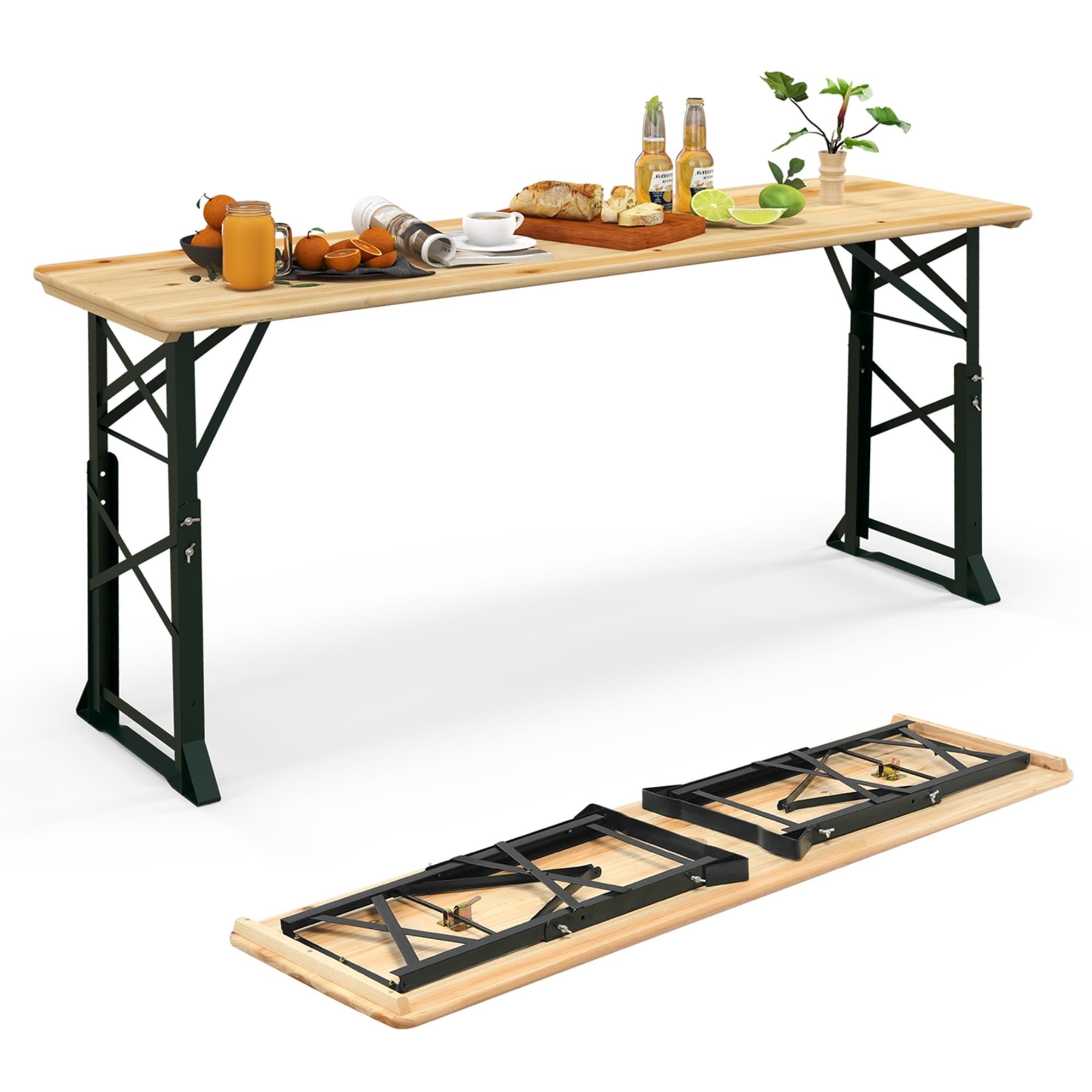 Costway 5.5 Ft Outdoor Folding Wood Picnic Table Height Adjustable - Natural & Black - See Details