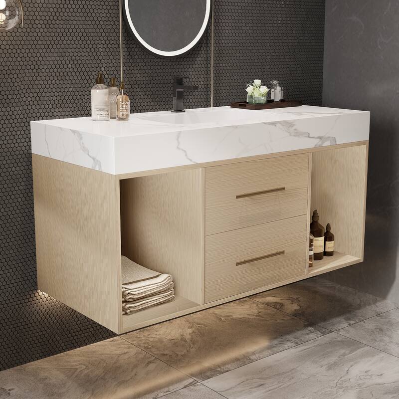 39.4"Floating Bathroom Vanity with Ceramic sink,Wall Mounted Vanity 2 Soft Close Drawer and white Slate top