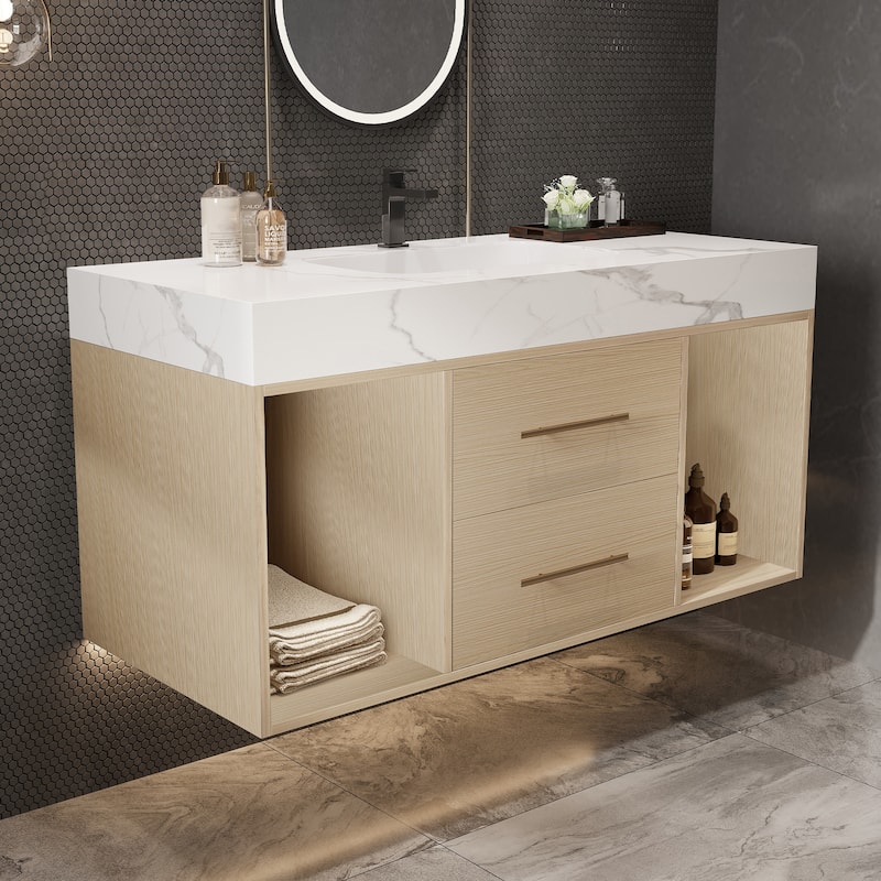 GDFStudio - Modern 39.4" Wall Mounted Floating Sintered Stone Bathroom Vanity with Seamless Ceramic Sink & Soft-Close Drawers