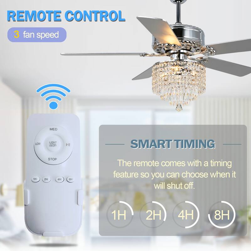 Oaks Aura 52in. Modern Glam Chrome Crystal 5 Reversible Blades Ceiling Fan Remote Control Included