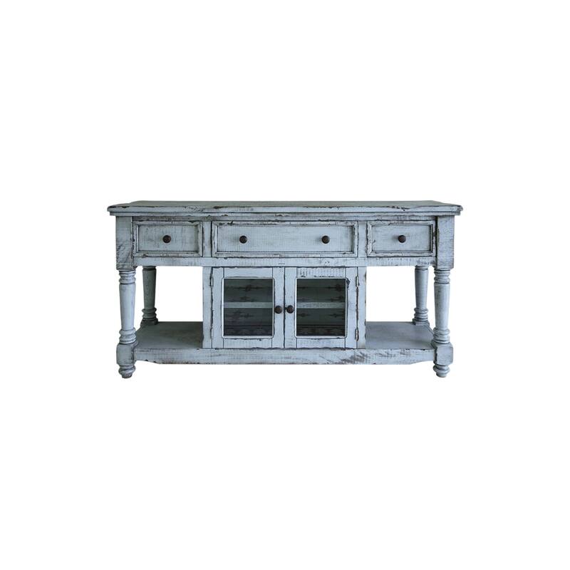 HomeRoots 70" Blue Solid Wood Open shelving Distressed TV Stand - 70' X '34.75' X '19