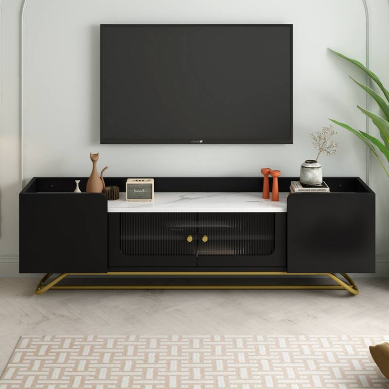 Sleek Design TV Stand with Fluted Glass, Contemporary Entertainment Center for TVs Up to 70"