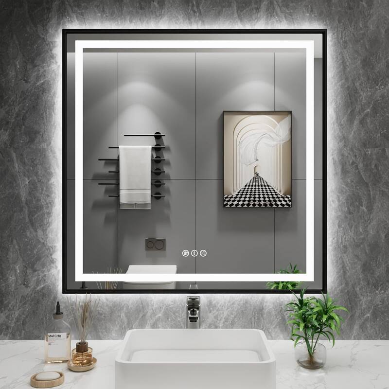 KIOTEE Black Metal Frame Front & Back LED Lighted Anti-Fog Tempered Glass Bathroom Vanity Mirror with ETL and 3 Years Warranty - 36x36