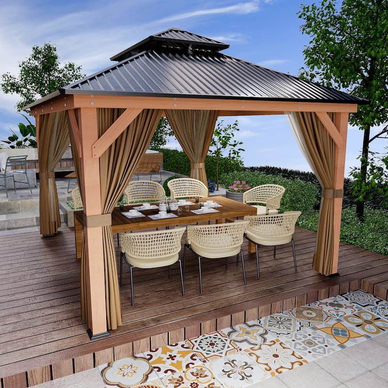 11 ft. x 13 ft. Outdoor Double Roof Hardtop Wooden Patio Gazebo with Netting and Curtains - Brown