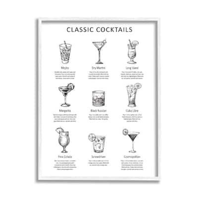Stupell Classic Cocktails Mixed Drinks Kitchen Bar Sign Chart Framed Wall Art, Design by Lettered and Lined - White
