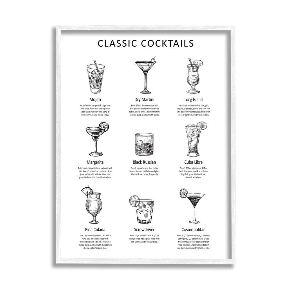 Stupell Classic Cocktails Mixed Drinks Kitchen Bar Sign Chart Framed Wall Art, Design by Lettered and Lined - White