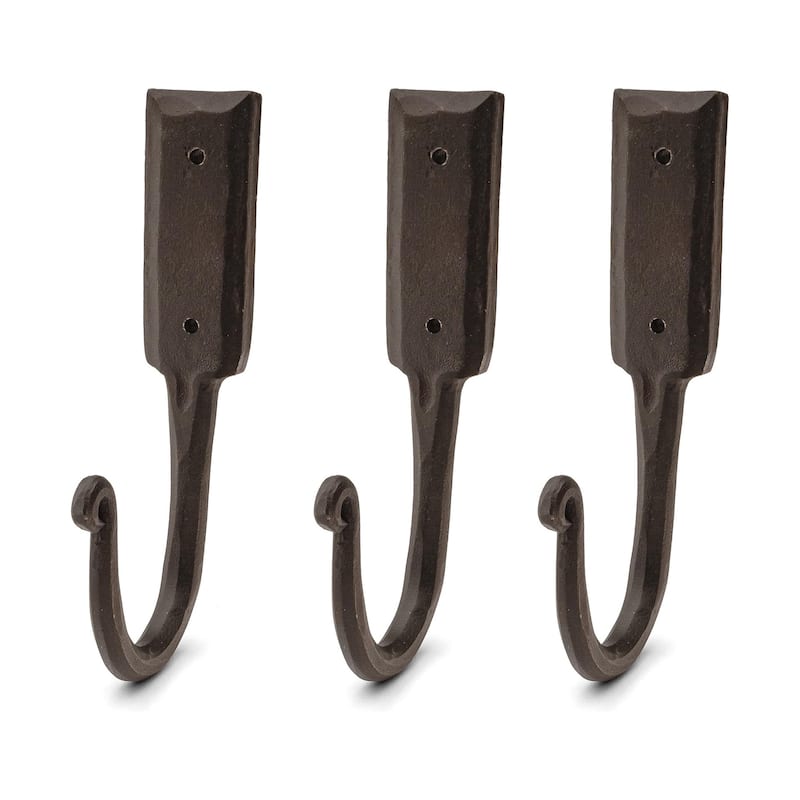 Kings County Tools Coat Hooks Heavy Duty 3-Pack - Large 6.5” Handmade Rustic Iron Wall Hooks, Black - 6" - Black - 6"